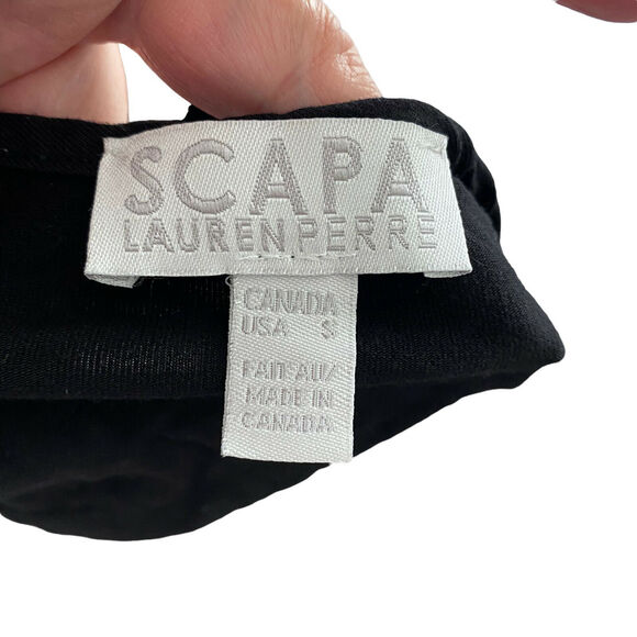 SCAPA Small Dress Lauren Perre Black Taupe Asymmetrical Draped Mini - Picture 2 of 9